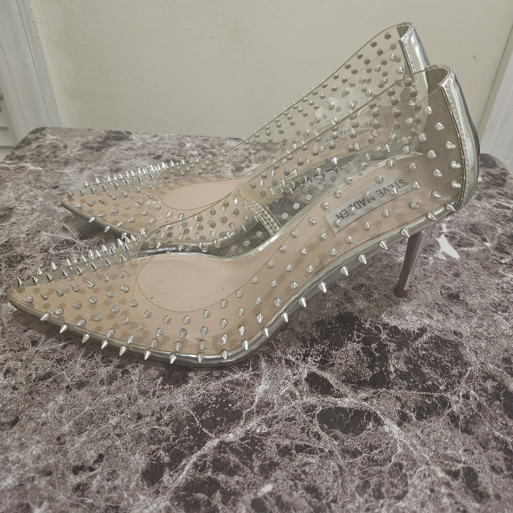 Steve Madden Vala Silver Spike-Embellished Clear Pointed Toe Heels